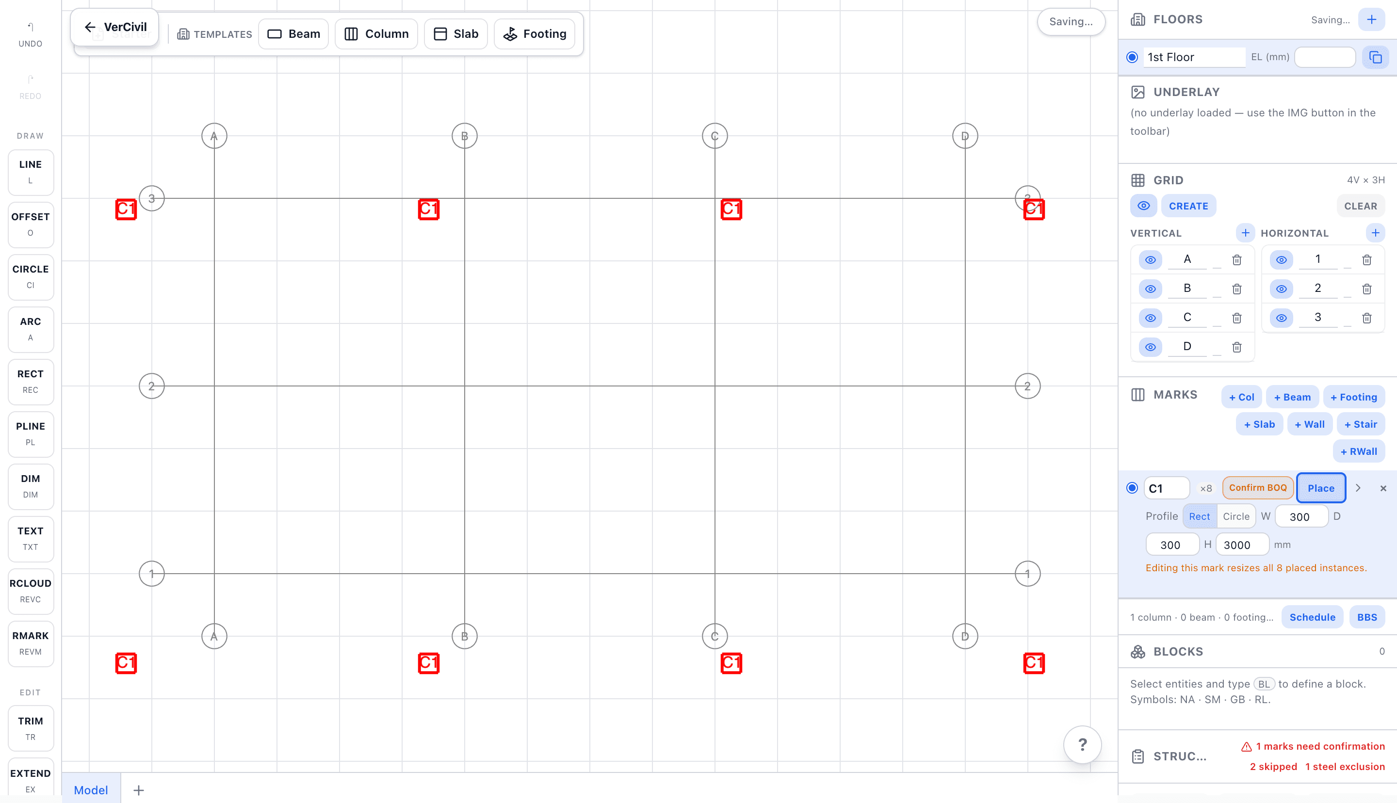 VerCivil drawing board: a 4×3 structural grid with C1 column marks and the quantities panel