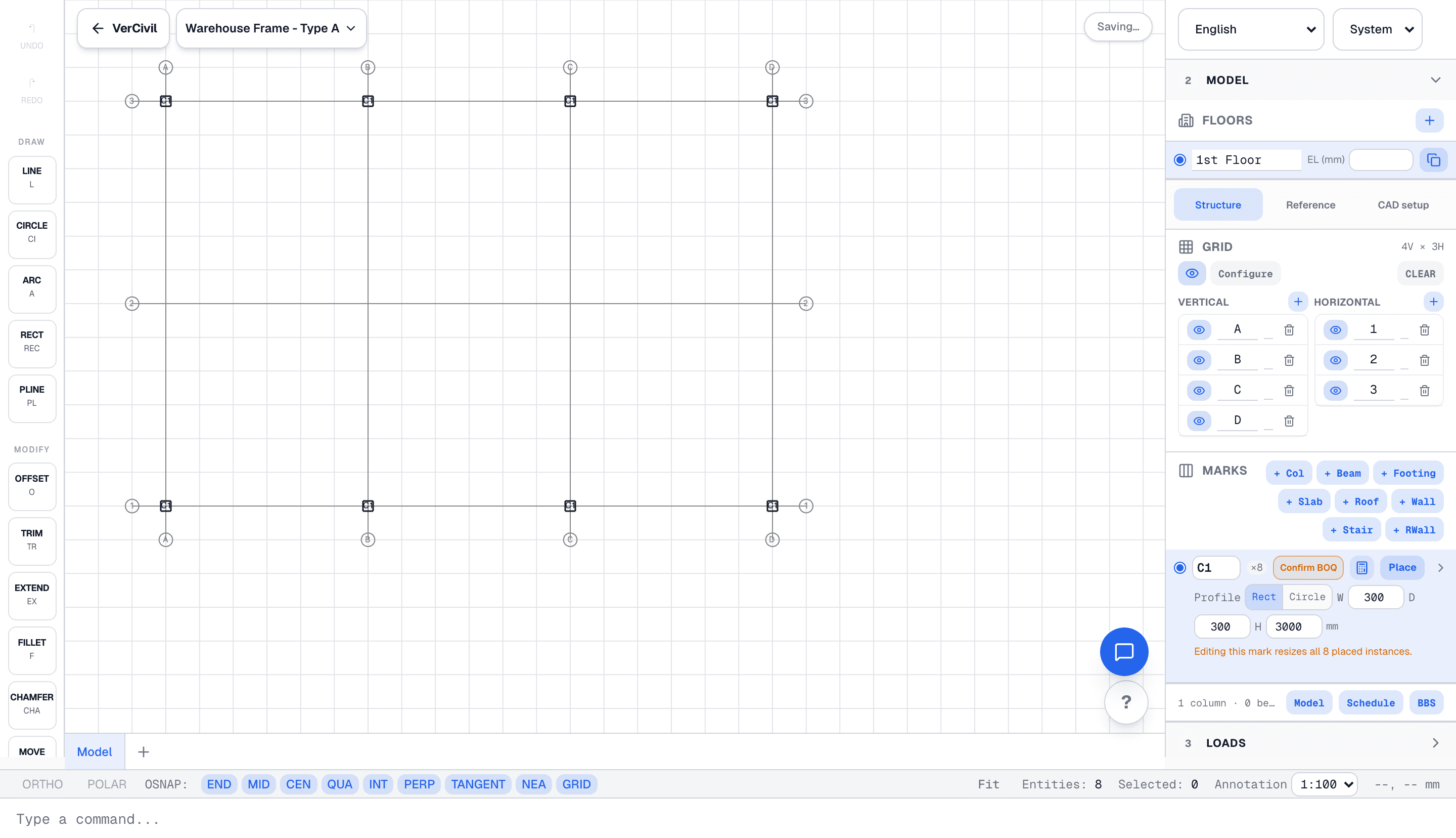 VerCivil drawing board: a 4×3 structural grid with C1 column marks and the quantities panel